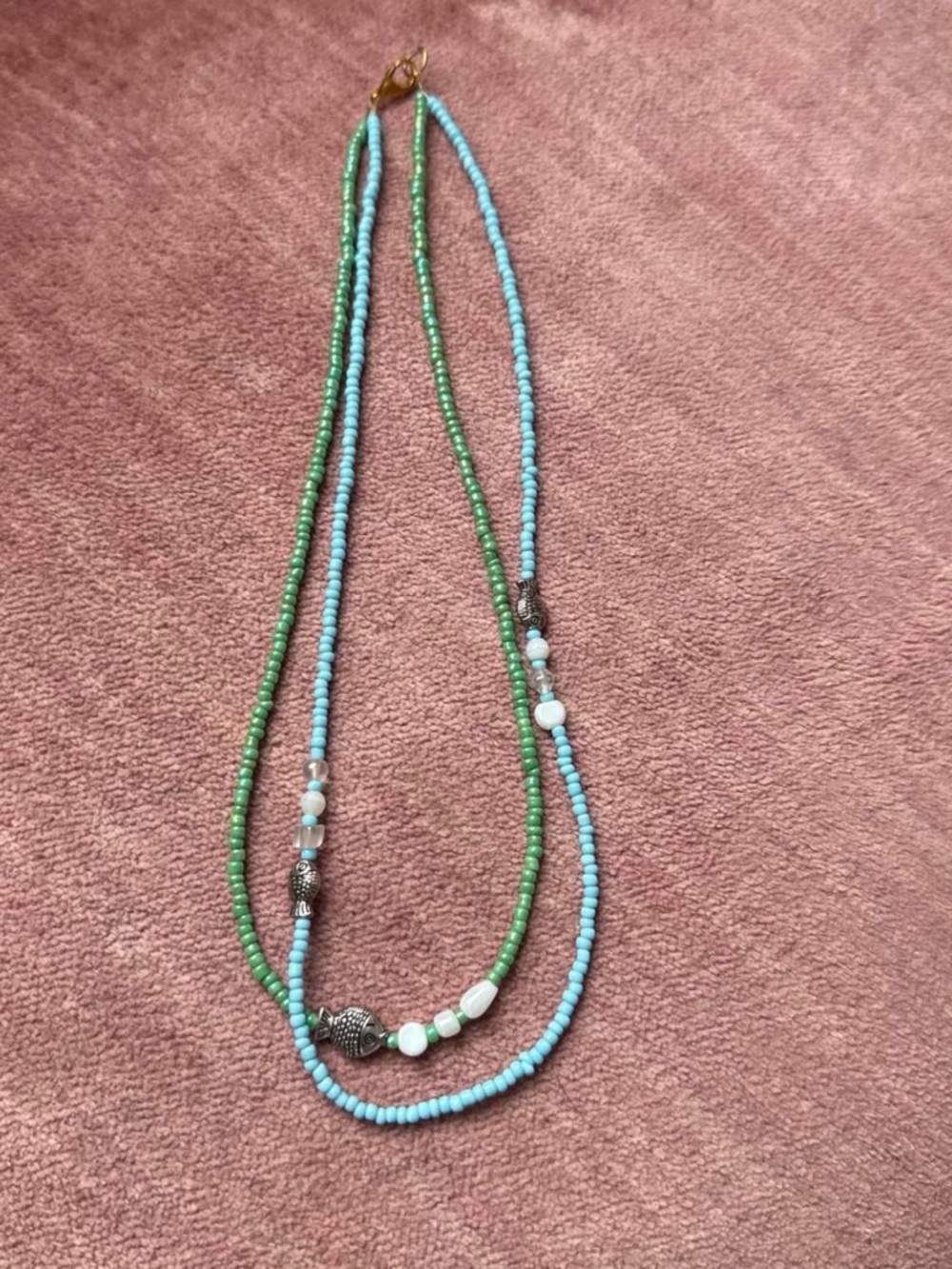 Handmade Blue and Green Beaded Fish Layered Necklace